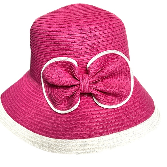 Magid Hats Pink & White Sun Hat With Large Bow One Size Wide Brim Bucket - Picture 1 of 7